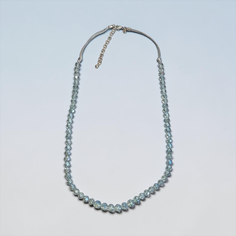 Chico's 36" Silver Tone Beaded Necklace Light Blue Faceted Iridescent Long